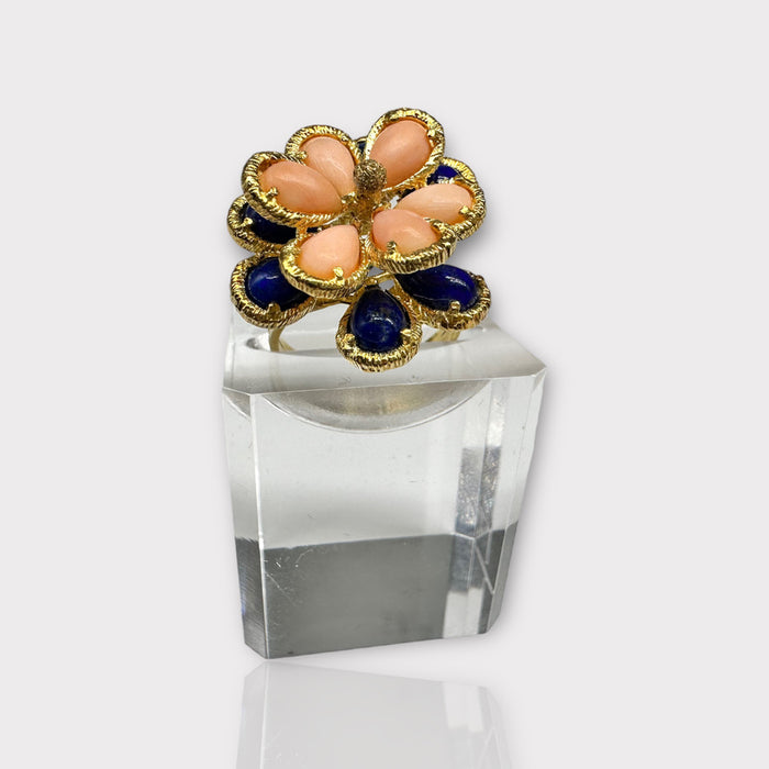 Unique 18k Gold Peach and Blue Flower Design Ring With Lapis & Coral, Size 6.5.