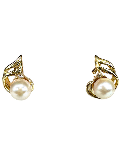 Stud Earring in 14K Gold, Diamond & Pearl Pierced Earrings