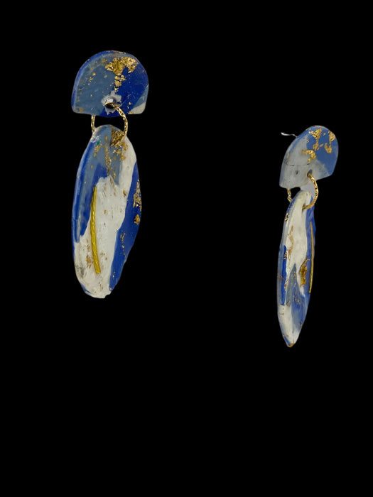 Modern Geometric Polymer Clay Earrings – Blue, White & Gold | Handmade 2” Statement Jewelry