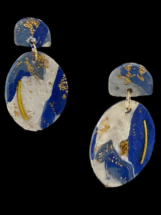 Modern Geometric Polymer Clay Earrings – Blue, White & Gold | Handmade 2” Statement Jewelry