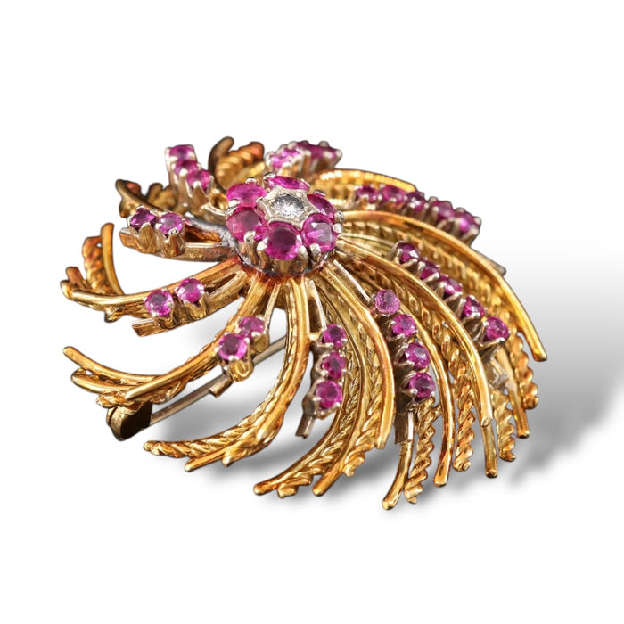 18K Rose Gold Italian Swirl Brooch with Rubies and Diamonds, 17.40g.