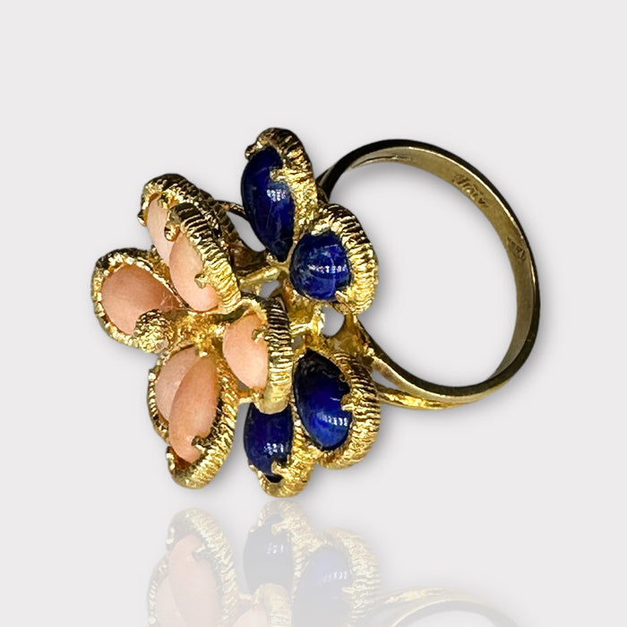 Unique 18k Gold Peach and Blue Flower Design Ring With Lapis & Coral, Size 6.5.