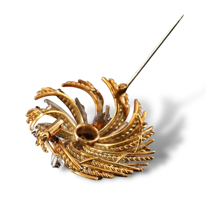 18K Rose Gold Italian Swirl Brooch with Rubies and Diamonds, 17.40g.