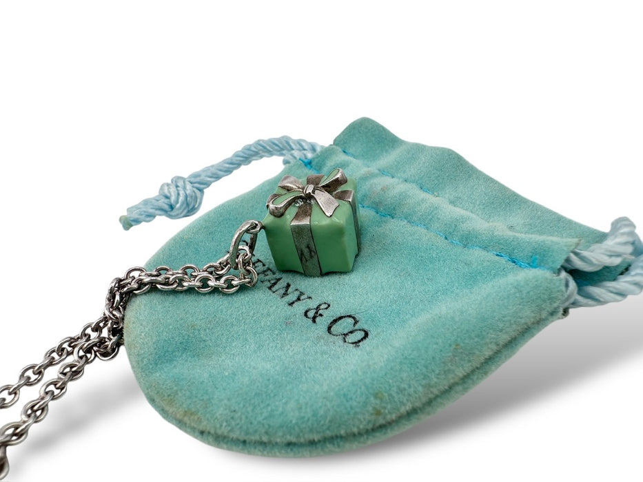 Vintage Tiffany & Co. Present Pendant with Vintage Tiffany And Co 16” Long Sterling Silver Chain Necklace, Gift box: .5”