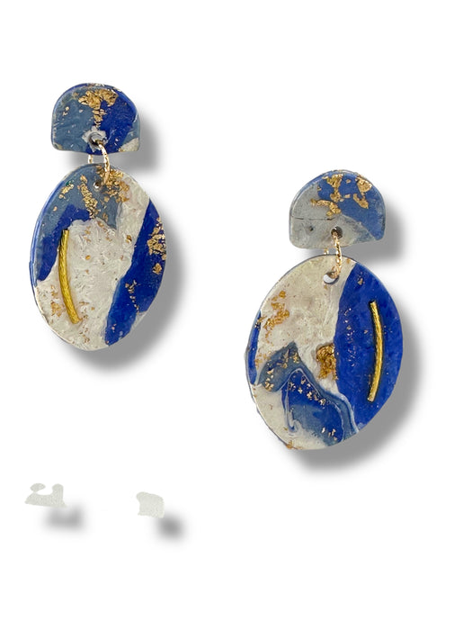 Modern Geometric Polymer Clay Earrings – Blue, White & Gold | Handmade 2” Statement Jewelry