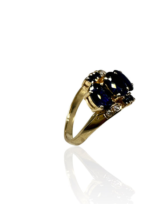 Ring in 14k Gold, Diamond, and Dark Blue Sapphire Ring , Size 6.5