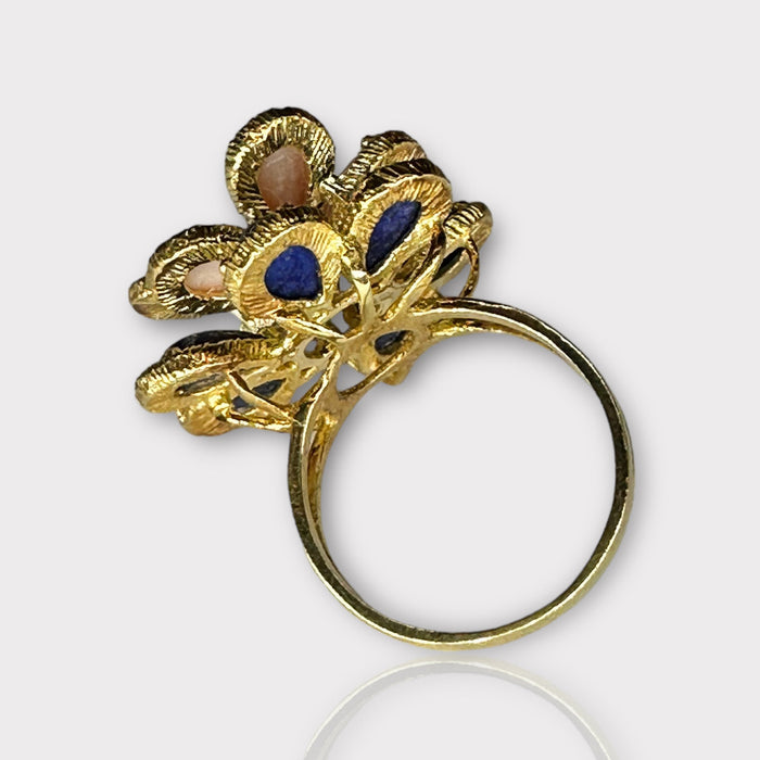 Unique 18k Gold Peach and Blue Flower Design Ring With Lapis & Coral, Size 6.5.