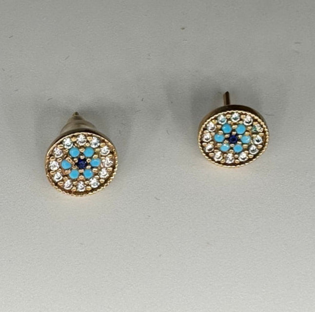 18k Gold Earrings Mandala with Turquoise  & Clear Crystal Stud Earrings-EZ Jewelry and Decor