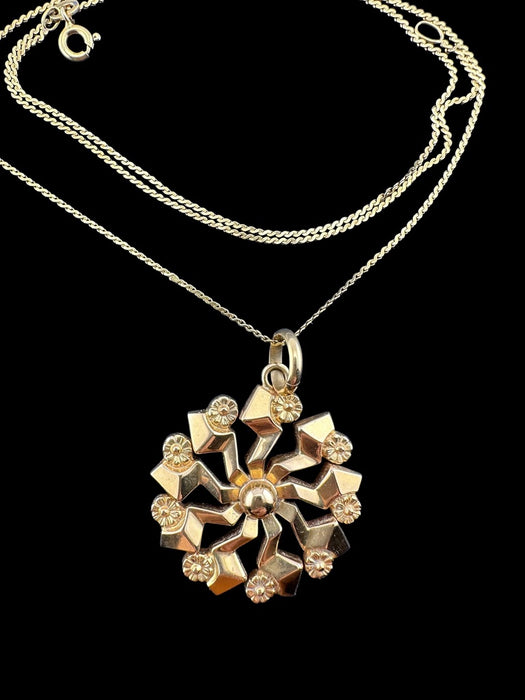18k Yellow Gold Large Star Flower Pendant Necklace, 8.2g, Geometric Modern Design, 18" Chain, 750 Hallmark, Made in Italy