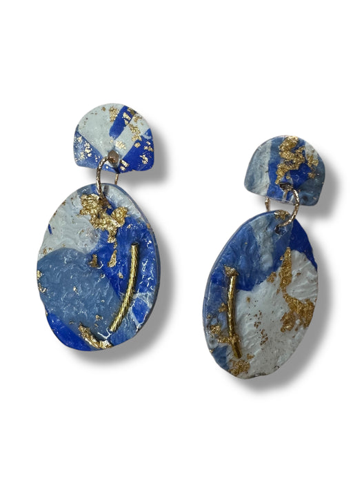 Modern Geometric Polymer Clay Earrings – Blue, White & Gold | Handmade 2” Statement Jewelry