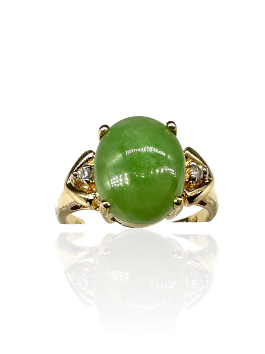 Ring in 14k Gold with Green Jade and Diamond Ring, Size 6.5 Cocktail Ring