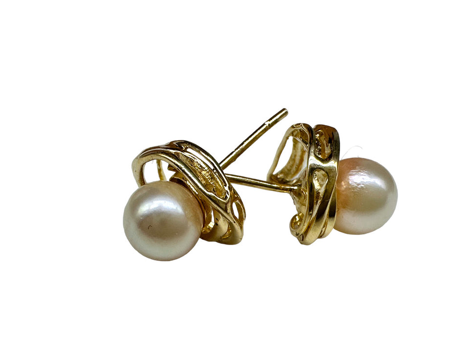 Stud Earring in 14K Gold, Diamond & Pearl Pierced Earrings