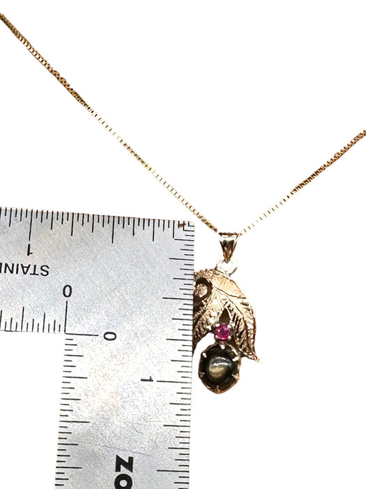 Necklace 18k Gold & Ruby Pendant Necklace with a Smoky Quartz Gemstone in Center, 1in, with 14k Chain. 15"