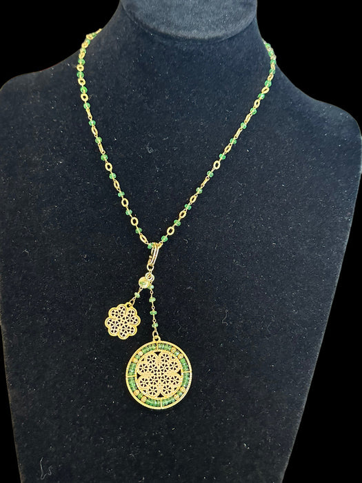 18K Gold & Tsavorite Garnet Clover Pendant, 7.10g. Irish Jewelry