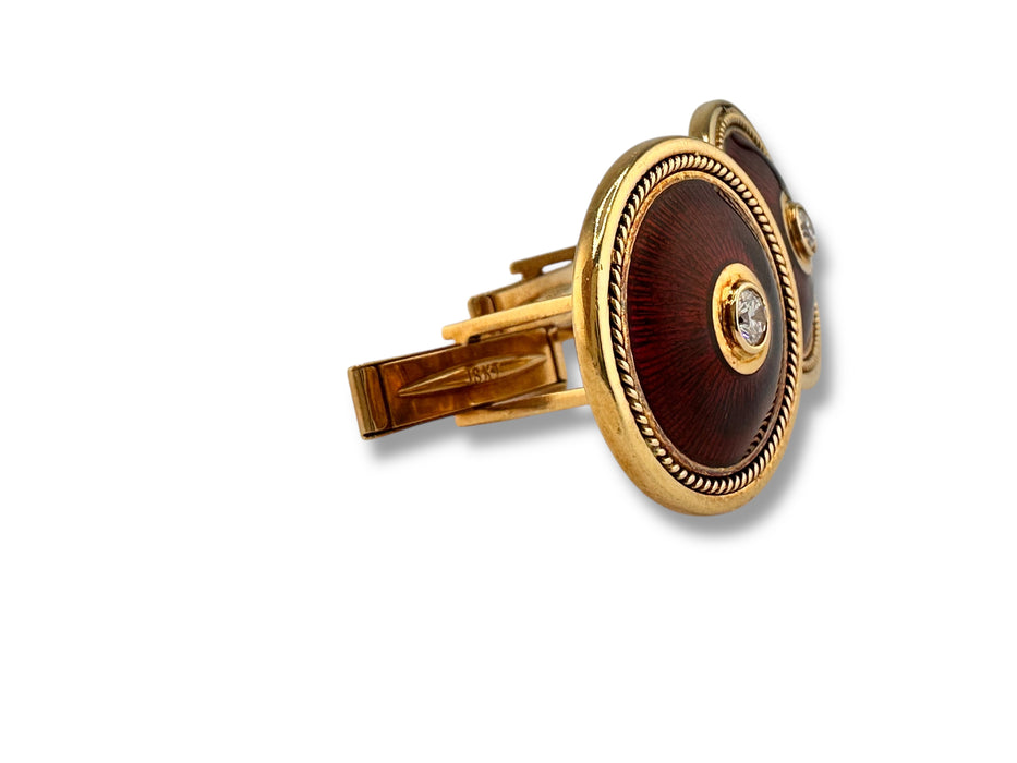18K Gold Diamond Cufflinks 17.41g Red Enamel 0.78” | Luxury Gift for Him