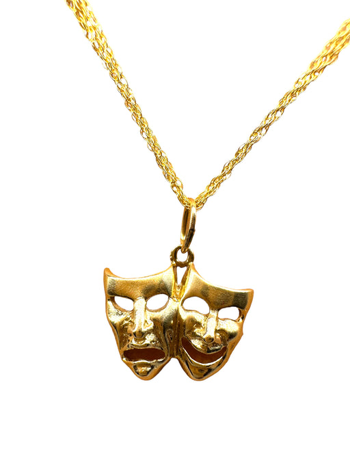 Classic 14K Yellow Gold Polished Comedy/Tragedy- Happy/Sad Theater Face Pendant Masks Pendant on 10k Gold 3 Strand Rope Necklace chain 18”-EZ Jewelry and Decor