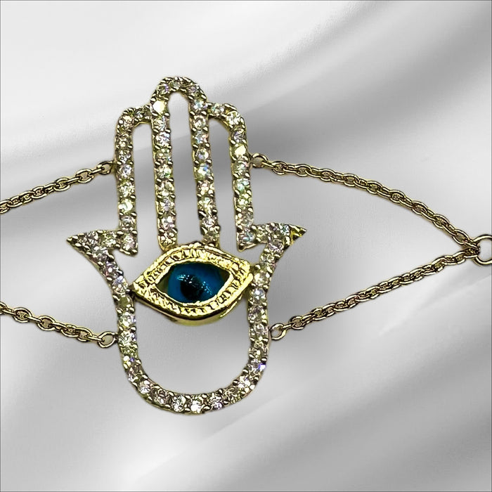 18k Fatima Hand/ Hamsa Bracelet Evil Eye Yellow Gold and 0.9 CaratDiamondGood Luck Eyes Design