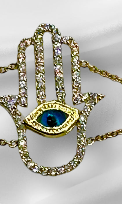 18k Fatima Hand/ Hamsa Bracelet Evil Eye Yellow Gold and 0.9 CaratDiamondGood Luck Eyes Design