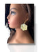 Dangle earring with white polymer clay flower and gold hoop on mannequin head with dark hair. - Handmade Modern Earrings, Three Different Flower Design, Dangle Earrings, Black and White Earrings, Green and Gold Earrings, Polymer Clay Earrings - Black & White