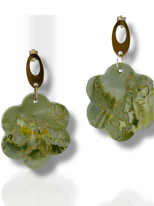 Green polymer clay flower dangle earrings with gold oval tops and textured details. - Handmade Modern Earrings, Three Different Flower Design, Dangle Earrings, Black and White Earrings, Green and Gold Earrings, Polymer Clay Earrings - Black & White