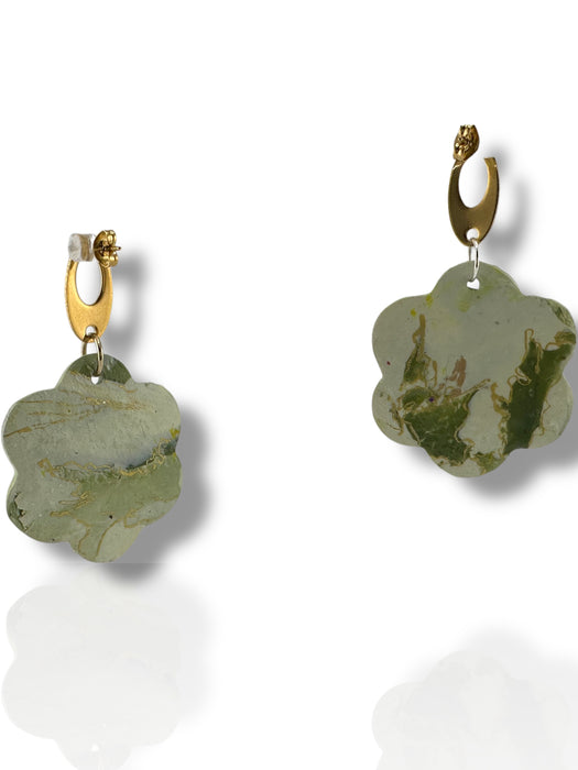 Green polymer clay dangle earrings with gold hoops and abstract floral design. - Handmade Modern Earrings, Three Different Flower Design, Dangle Earrings, Black and White Earrings, Green and Gold Earrings, Polymer Clay Earrings - Black & White