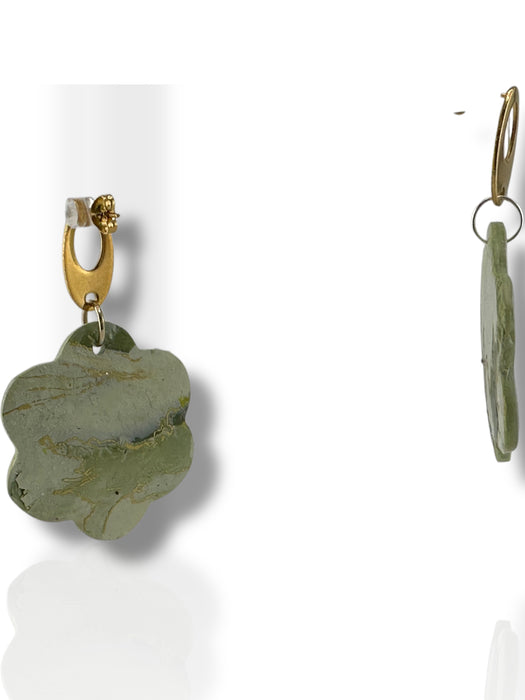 Green polymer clay dangle earrings with layered flower design and gold-tone hardware. - Handmade Modern Earrings, Three Different Flower Design, Dangle Earrings, Black and White Earrings, Green and Gold Earrings, Polymer Clay Earrings - Black & White