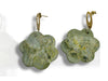Green flower-shaped dangle earrings with gold rings and delicate textured pattern. - Handmade Modern Earrings, Three Different Flower Design, Dangle Earrings, Black and White Earrings, Green and Gold Earrings, Polymer Clay Earrings - Black & White