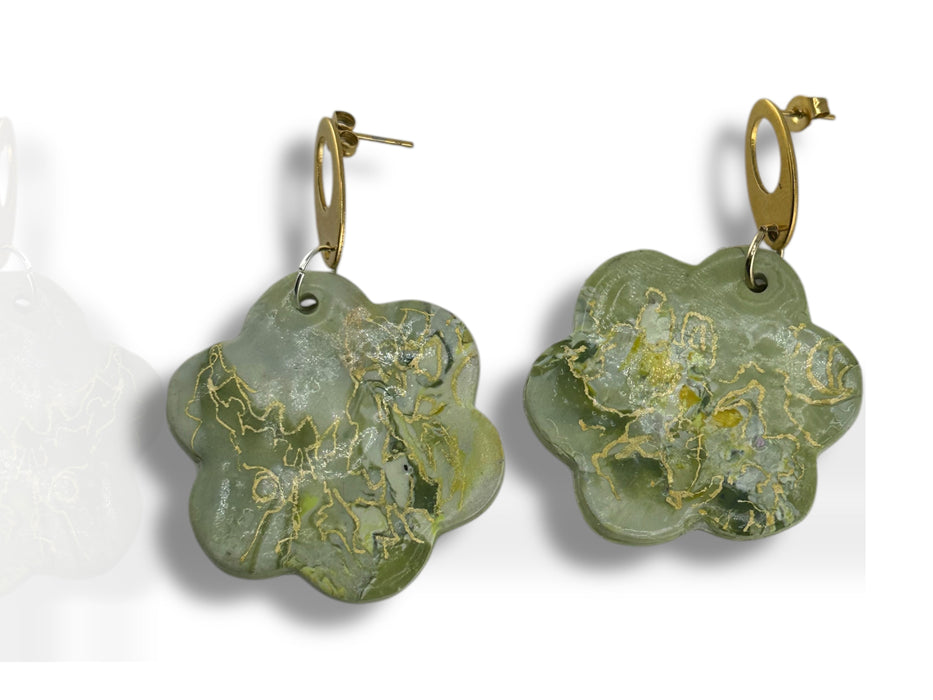 Green flower-shaped dangle earrings with gold rings and delicate textured pattern. - Handmade Modern Earrings, Three Different Flower Design, Dangle Earrings, Black and White Earrings, Green and Gold Earrings, Polymer Clay Earrings - Black & White