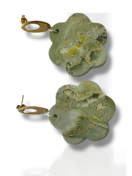 Green flower-shaped polymer clay dangle earrings with gold hoops and textured surface. - Handmade Modern Earrings, Three Different Flower Design, Dangle Earrings, Black and White Earrings, Green and Gold Earrings, Polymer Clay Earrings - Black & White