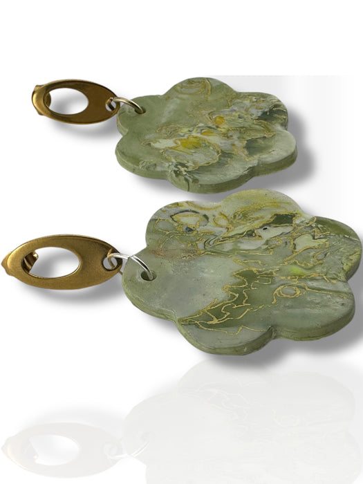 Green polymer clay flower-shaped dangle earrings with gold leaf accents and oval gold hooks. - Handmade Modern Earrings, Three Different Flower Design, Dangle Earrings, Black and White Earrings, Green and Gold Earrings, Polymer Clay Earrings - Black & White