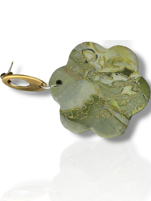 Green marbled polymer clay flower dangle earring with gold metal hook. - Handmade Modern Earrings, Three Different Flower Design, Dangle Earrings, Black and White Earrings, Green and Gold Earrings, Polymer Clay Earrings - Black & White