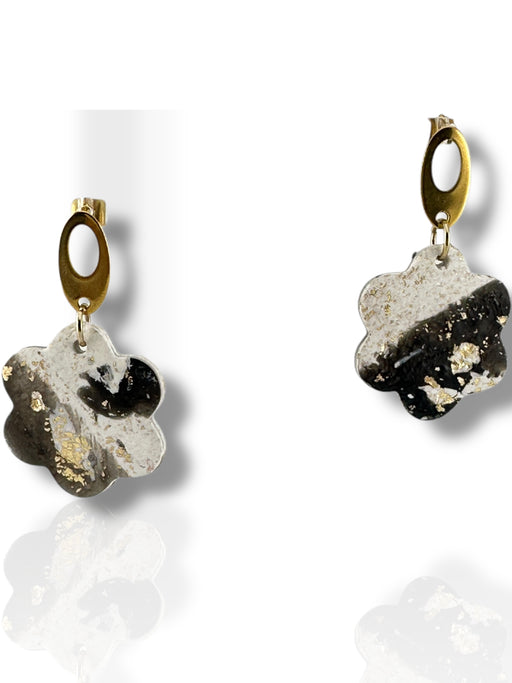 Black and white handmade flower-shaped dangle earrings with gold oval hooks, polymer clay. - Handmade Modern Earrings, Three Different Flower Design, Dangle Earrings, Black and White Earrings, Green and Gold Earrings, Polymer Clay Earrings - Black & White