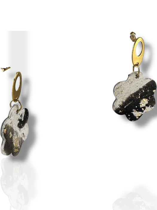 Black and white speckled flower-shaped dangle earrings with gold oval hooks. - Handmade Modern Earrings, Three Different Flower Design, Dangle Earrings, Black and White Earrings, Green and Gold Earrings, Polymer Clay Earrings - Black & White