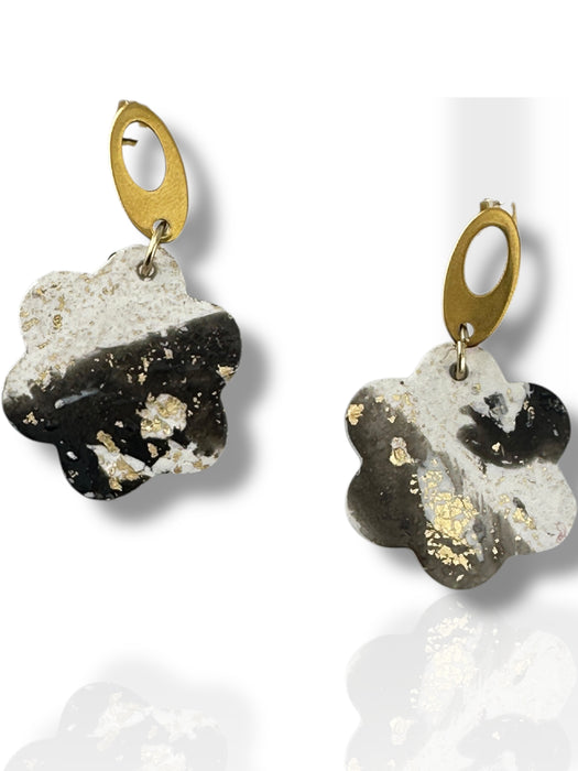 Black and white flower-shaped polymer clay dangle earrings with gold oval hooks and gold flecks. - Handmade Modern Earrings, Three Different Flower Design, Dangle Earrings, Black and White Earrings, Green and Gold Earrings, Polymer Clay Earrings - Black & White