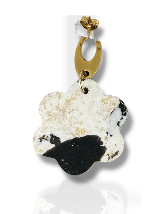 Black and white flower-shaped dangle earring with gold oval connector and flower stud. - Handmade Modern Earrings, Three Different Flower Design, Dangle Earrings, Black and White Earrings, Green and Gold Earrings, Polymer Clay Earrings - Black & White