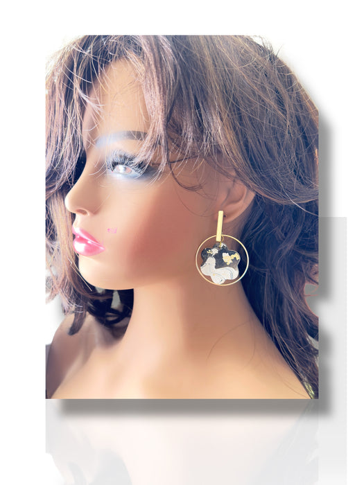 Black and white polymer clay dangle earrings with gold hooks on mannequin head. - Handmade Modern Earrings, Three Different Flower Design, Dangle Earrings, Black and White Earrings, Green and Gold Earrings, Polymer Clay Earrings - Black & White