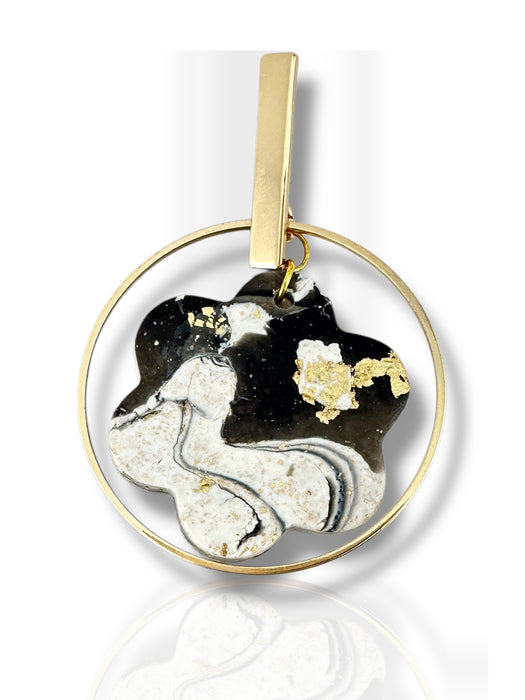 Gold hoop dangle earring with black and white abstract flower pendant and gold leaf accents. - Handmade Modern Earrings, Three Different Flower Design, Dangle Earrings, Black and White Earrings, Green and Gold Earrings, Polymer Clay Earrings - Black & White