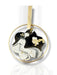 Gold hoop dangle earring with black and white abstract flower pendant and gold leaf accents. - Handmade Modern Earrings, Three Different Flower Design, Dangle Earrings, Black and White Earrings, Green and Gold Earrings, Polymer Clay Earrings - Black & White