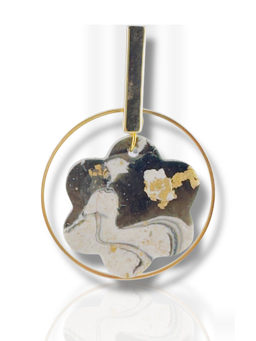 Black and white marbled flower pendant with gold flakes inside a thin gold hoop dangle earring. - Handmade Modern Earrings, Three Different Flower Design, Dangle Earrings, Black and White Earrings, Green and Gold Earrings, Polymer Clay Earrings - Black & White