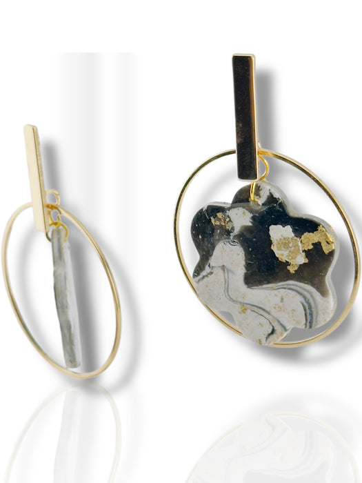 Asymmetric dangle earrings with gold hoop and black, white marbled clay featuring gold flakes. - Handmade Modern Earrings, Three Different Flower Design, Dangle Earrings, Black and White Earrings, Green and Gold Earrings, Polymer Clay Earrings - Black & White