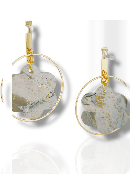 Gold hoop earrings with irregular white and gray marbled polymer clay flower-shaped dangles. - Handmade Modern Earrings, Three Different Flower Design, Dangle Earrings, Black and White Earrings, Green and Gold Earrings, Polymer Clay Earrings - Black & White