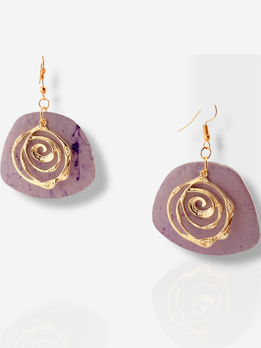 Purple polymer clay dangle earrings with gold spiral design and gold hooks, 2.5 inches long. - Handmade Modern Purple and Gold Earrings, Polymer Clay Earrings, Modern Earrings, Statement Earring, Dangle Earrings 2.5” - 2.5 Inch Earrings, Artisan Crafted, Boho Style, Fashion Accessories, Handmade Modern Purple and Gold Earring, Modern Earrings, Polymer Clay Earrings, Statement Earring, Trendy Jewelry, Unique Design - Default Title