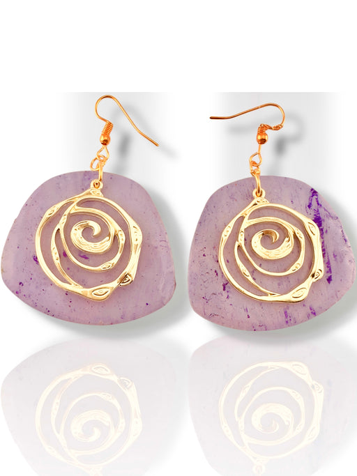 Purple polymer clay dangle earrings with irregular shape and gold spiral design, 2.5 inches long. - Handmade Modern Purple and Gold Earrings, Polymer Clay Earrings, Modern Earrings, Statement Earring, Dangle Earrings 2.5” - 2.5 Inch Earrings, Artisan Crafted, Boho Style, Fashion Accessories, Handmade Modern Purple and Gold Earring, Modern Earrings, Polymer Clay Earrings, Statement Earring, Trendy Jewelry, Unique Design - Default Title
