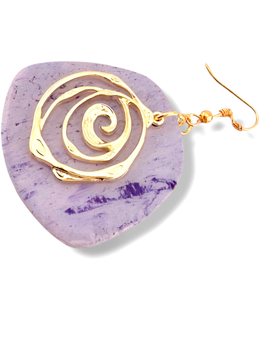 Purple triangular polymer clay dangle earring with gold spiral wire and hook. - Handmade Modern Purple and Gold Earrings, Polymer Clay Earrings, Modern Earrings, Statement Earring, Dangle Earrings 2.5” - 2.5 Inch Earrings, Artisan Crafted, Boho Style, Fashion Accessories, Handmade Modern Purple and Gold Earring, Modern Earrings, Polymer Clay Earrings, Statement Earring, Trendy Jewelry, Unique Design - Default Title