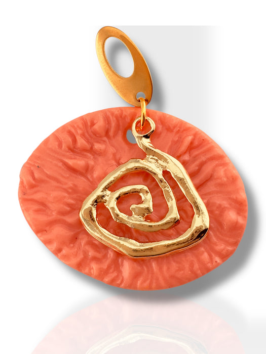 Peach polymer clay round dangle earring with textured surface and gold-tone abstract spiral accent, 2-inch length. - Handmade Modern Earrings, Polymer Clay, Modern Textured Earrings, Statement Earrings, Dangle Earrings, Peach and Gold Earrings 2” - 2 Inch Earrings, Artisan Crafted, Boho Style, Fashion Accessories, Handmade Jewelry, Modern Earrings, Peach Earrings, Polymer Clay Jewelry, spring earrings, Statement Earrings, Textured Earrings, Trendy Jewelry, Unique Design - Default Title