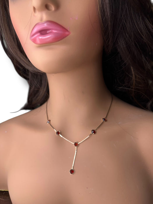 14K Gold Y Necklace with Garnet January Birthstone, Stationary Design, 6 Garnets each 5mm x 5mm