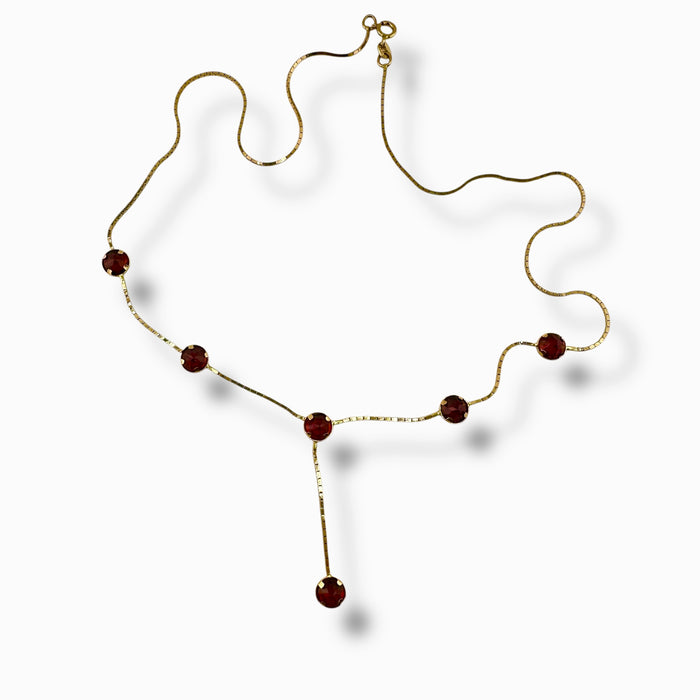14K Gold Y Necklace with Garnet January Birthstone, Stationary Design, 6 Garnets each 5mm x 5mm