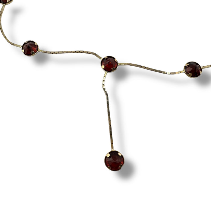 14K Gold Y Necklace with Garnet January Birthstone, Stationary Design, 6 Garnets each 5mm x 5mm