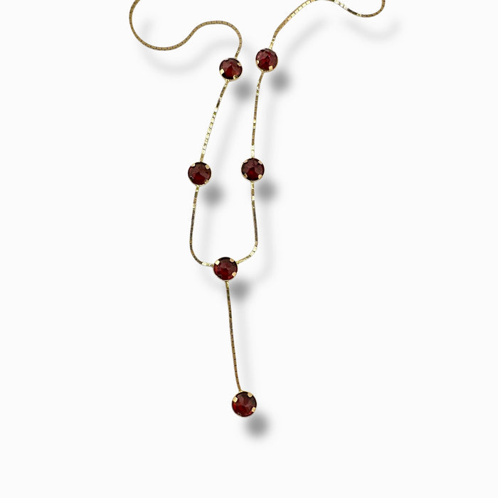 14K Gold Y Necklace with Garnet January Birthstone, Stationary Design, 6 Garnets each 5mm x 5mm