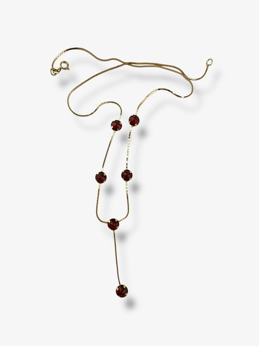 14K Gold Y Necklace with Garnet January Birthstone, Stationary Design, 6 Garnets each 5mm x 5mm